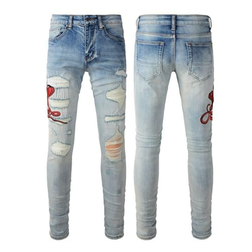 Jeans Pants Trousers Denim Men Trendy Street Personalized Embroidered Printed Punch Patch Blue Grinding Fading Elastic Slimming Tight Fit Casual(Blue,31)4