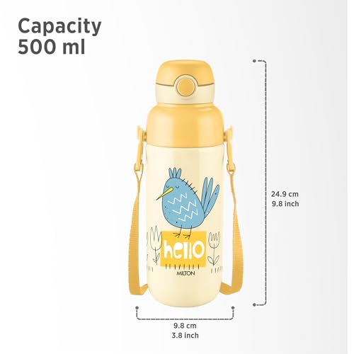 Image of Milton Steel Indus 600 Thermoware PU Insulated, 500 ml Water Bottle with Straw for Kids, Leak Proof Flip Top Sipper Lid Bottle, School, Picnic, Easy to Carry Belt, Cream