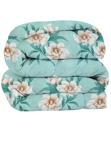 Image of HOMEKART 220 GSM Reversible Microfiber AC Comforter for King Size Bed | 3-Layer Quilted All-Season Duvet for Mild Winter | Soft & Breathable (220 x 240 cm, Floral, Light Green)