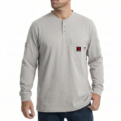 ARCCAPTAIN FR Shirts for Men 8oz 100% Cotton Fire Resistant Henley Shirt CAT2 NFPA2112 Welding Work Long Sleeve Clothing Grey