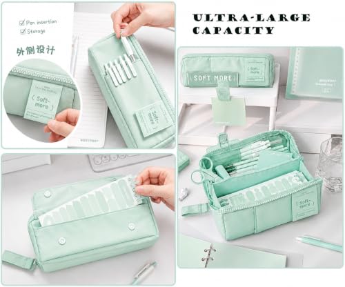 Image of WORSHIPER Multi-Functional Soft Pencil Case for Girls | Large Capacity Zipper Pouch with Multiple Compartments | Aesthetic Stationery Organizer for School, College & Office (Soft More Green)