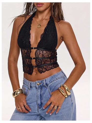 SOLY HUX Women's Lace Sheer Hollow Out Y2k Halter Top Backless Deep V Neck Crop Vest Shirts4