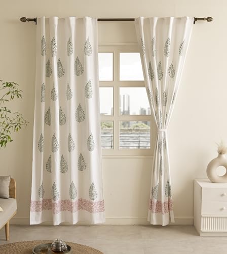 Image of THE LINEN COMPANY Printed Cotton Curtains 4 Feet for Window, Duck Canvas Leaf Design Curtains, Small Window Panels, 4ft Set of 2, Green Leaf