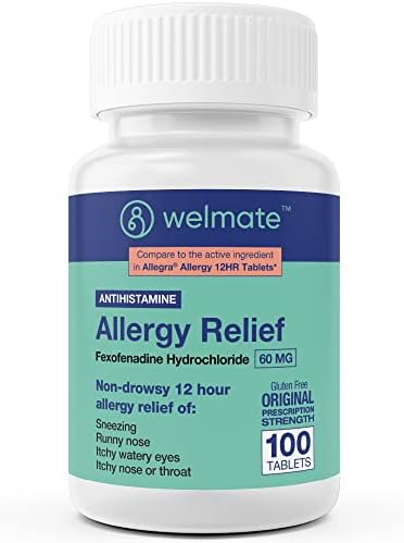 WELMATE Allergy Relief | Fexofenadine HCl 60 mg Non-Drowsy Antihistamine | 100 Count Tablets | 12 Hour All Day Support