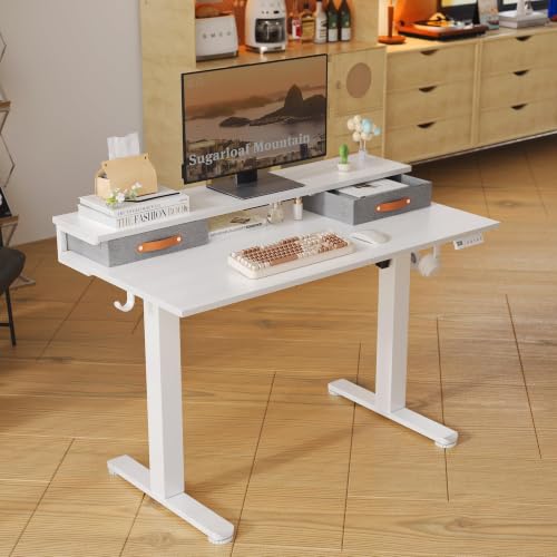 Image of Claiks Standing Desk with 2 Ways Drawers and Hooks (White, 55 Inch)