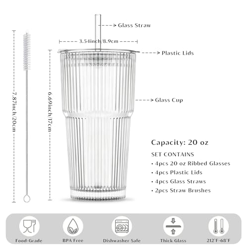 Image of INSETLAN 20 oz Ribbed Glass Tumblers with Lids and Glass Straws - 4-Piece Glassware Set, Thickened Wall, Ideal for Iced Coffee, Smoothies, Cocktails, and Juices - Elegant and Durable Drinkware