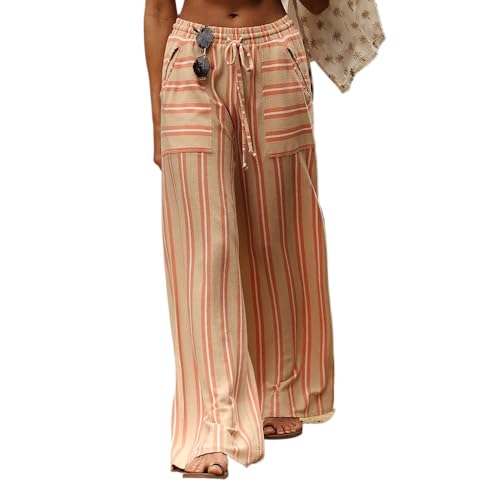 Obenie Women's Wide Leg Casual Striped Pants with Drawstring Elastic Waist Wide Leg Pants Y2K Striped Pants with Pockets