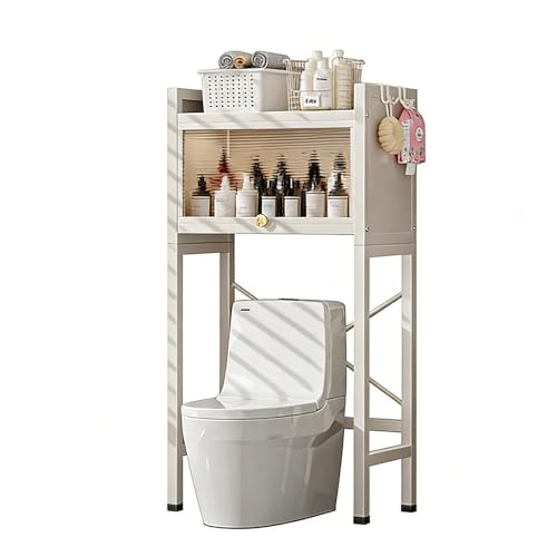 Image of LYGXKRVU Over The Toilet Storage Cabinet，Above Toilet Storage Rack Metal with Hooks，Bathroom Organizer Cabinet Over WC, Laundry Organizer(White,53.1in)