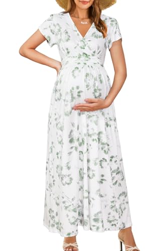 OUGES Umstands-Maxikleid, Wickelkleid, V-Ausschnitt, Babyparty, Schwangerschaftskleider für Fotoshootings, Weiß/Grün mit Blumenmuster, Mittel