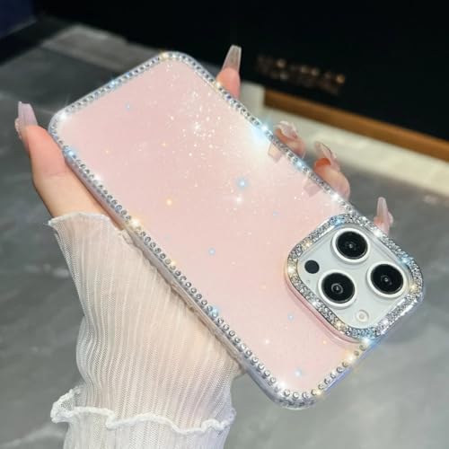 Coque de telephone diamantee iPhone 13 Pro Max rose etui brillant rigide et chic
