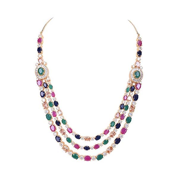 RATNAVALI JEWELS American Diamond Fashion Jewellery Red Green Blue White Multi Layer Necklace Set with Earring for Women/Girls RV3006M - Image 4