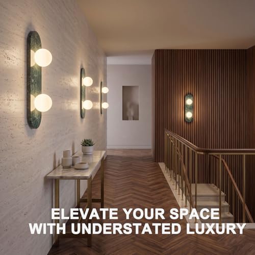 Image of Modern Green Marble Wall Sconce, Natural Stone Wall Lamp with Etched Opal Glass Shade, Mid-Century Minimalist Hardwired Wall Light for Bathroom Vanity, Bedroom, Living Room, Hallway 17.7in