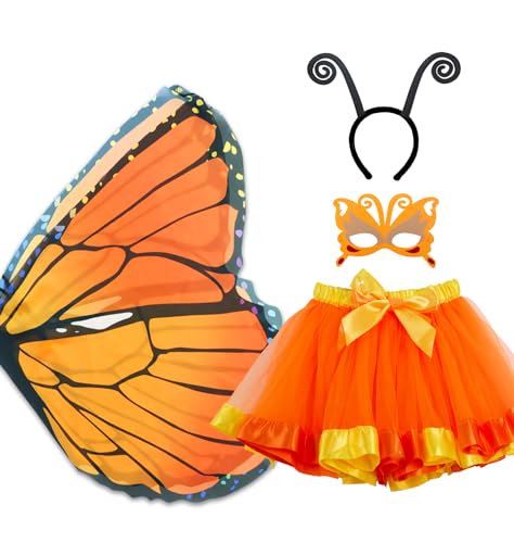 D.Q.Z Fairy Butterfly-Wings Costumes for Girls Dress Up Clothes Rainbow Tutu Mask Headband Role Play Toys for Girl 3-8 Gift (Orange)