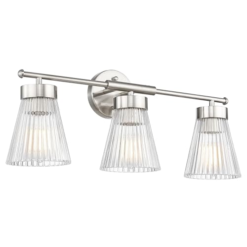 Image of HWH INVESTMENT 3-Light Bathroom Vanity Light, Brushed Nickel, 5HZG97B-3W BN | 24.1-Inch Hardwired Wall Light with Clear Striped Glass; 3 E26 Bulbs, Max 60W Each; Bulbs Not Included