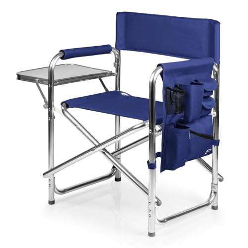 PICNIC TIME Sports Chair with Side Table and Armrest Caddy, Lightweight Aluminum Folding Outdoor Camping Chair for Adults, Portable Director Style Lawn Seating with Pockets & Carry Strap, (Navy Blue)