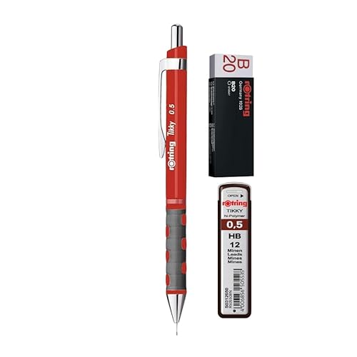 rOtring Tikky Druckbleistift, roter Schaft, + 12 Nachfüllminen HB 0,5 mm, B20 Rapid-Eraser