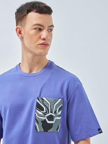 Image of Bewakoof Heavy Duty 1.0 Official Marvel Merchandise Black Panther Men's Graphic Print Oversized Fit Half Sleeve Round Neck Cotton T-Shirt