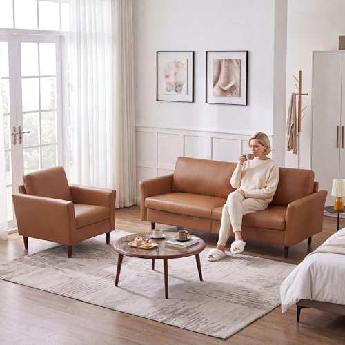 Image of Kingfun 2 Piece Faux Leather Sofa Set, Mid Century Modern Living Room Furniture Set with 3-Seater Sofa and Armchair, Small Leather Couch with Solid Wood Frame for Bedroom and Office, Dark Brown