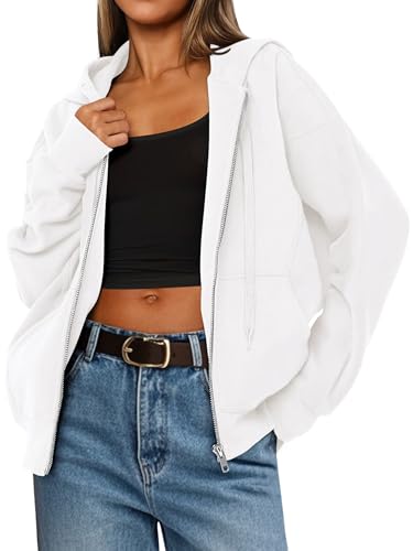 MASCOMODA Women Zip Up Hoodie Trendy Oversized Sweatshirt Casual Long Sleeve Fleece Jacket Fall Outfits Fashion Clothing(White,Large)