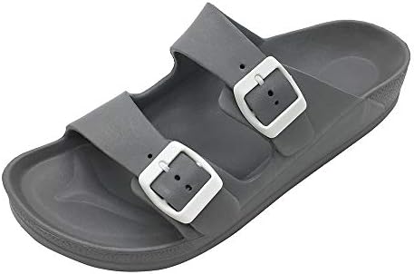 FUNKYMONKEY Women's Comfort Slides Double Buckle Adjustable EVA Flat Sandals (7 M US/Women, Grey)