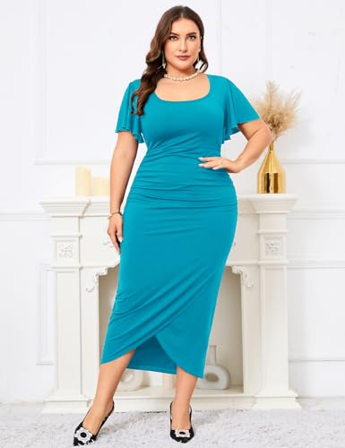 Image of ZOMVA 2024 Plus Size Cocktail Dress Comfortable Bell Sleeves Wedding Guest Square Neck Semi Formal