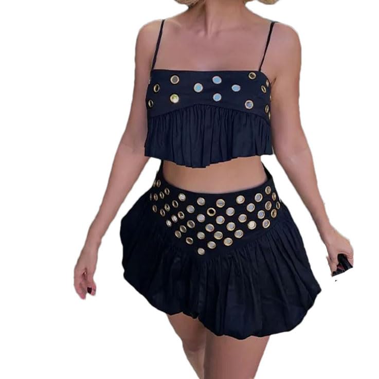 Women Sequin Top Skirt Party Set Strap Ruffle Solid Slash Neck Crop Tops Mini High Waist Skirts Set