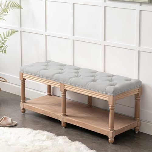 Bonzy HomeEnd of Bed Storage Bench,Upholstered Tufted Extra-Long Dining Bench, 45” French Vintage Entryway Bench with Shoe Storage for Bedroom Dining Room Living Room, Gray