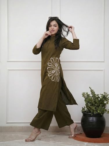 Image of GoSriKi Cotton Blend Embroidered A-Line Kurta with Palazzo for Women | Cotton Blend Orange | 3 /4 Sleeve | Mandarin Collar | Ethnic Wear Casual Wear