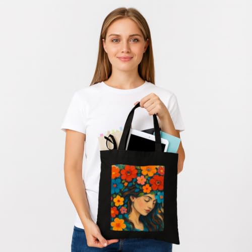 Image of Black Tote Bag With Pocket Printed Designed Canvas Tote Bags For Women large capacity,Tote bag For Shopping, College, Travel, More Canvas Handbag For Unisex Bag