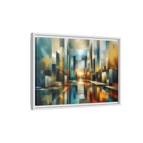 Toile abstraite bleu et or de qualité galerie, cadre blanc 3 cm pour intérieur chic