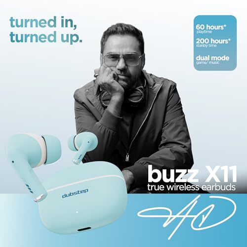 Image of Dubstep Buzz X11 TWS Wireless Earbuds, 60hrs Playtime, Bluetooth 6.0, 13mm Neodymium Drivers, XBass Technology, ENC Noise Cancellation, Type-C Fast Charging (Blue)
