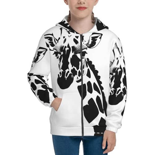 Medium Black and white giraffe Print Girls Athletic Zip Up Hoodies,Sweatshirts with Pockets Long Sleeve Hooded Jackets, for 7-18 Y2