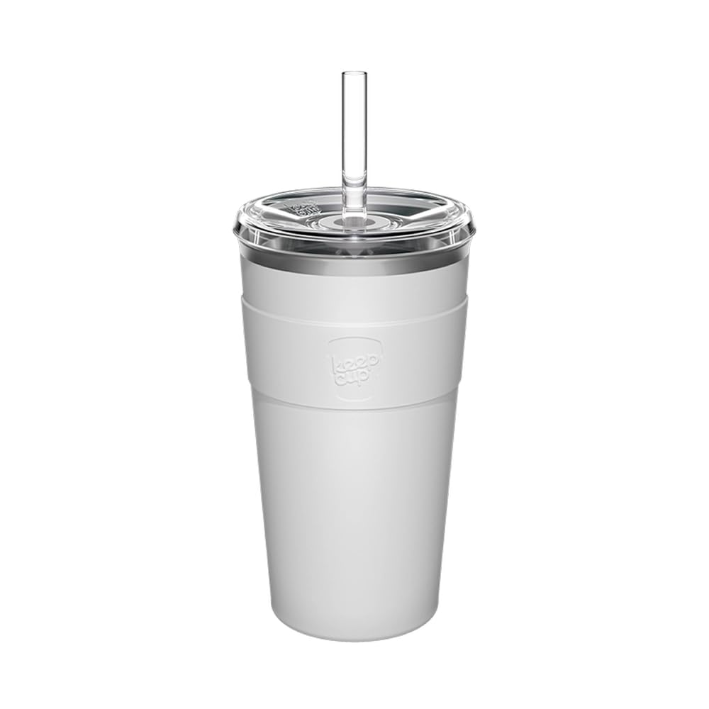 KeepCup Thermal Cold Cup - Insulated Stainless Steel Reusable Coffee Cup with Lid and Straw - 16oz/454ml - White