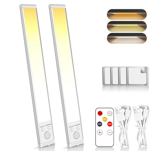 Vividorad 人感センサーライト 室内 2個入り 30CM LEDバーライト 2200mAh 3色調光 TypeC充電式 リモコン操作 マグネット着脱式 手元灯 足元灯 フットライト 配線工事不要 省エネ 長寿命 高感度 高輝度 玄関/棚/物置/寝室/廊下/キャビネット/部屋/階段 照明用 3000K/4500K/6000K 電球色 昼白色 昼光色調整 (2PCS 30CM)
