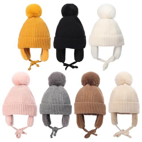 Gorro de punto para bebé con pompón grande y orejeras térmicas para el invierno 6