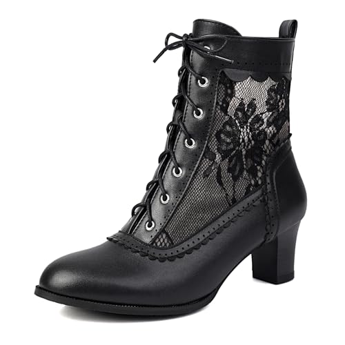 Voviggiw Women Victorian Boots 70s Lace up Ankle Boots Kitten Heel Costume Shoes Side Zipper Round Toe Black Size 39