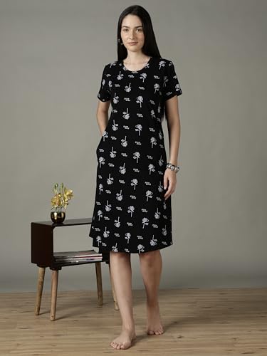 Image of 9shines Label Hosiery Cotton Knee Length Short Night Dress | Short Nighty for Women with Pocket | Graphic Print Nightwear | Night Gown for Women (M-7XL)