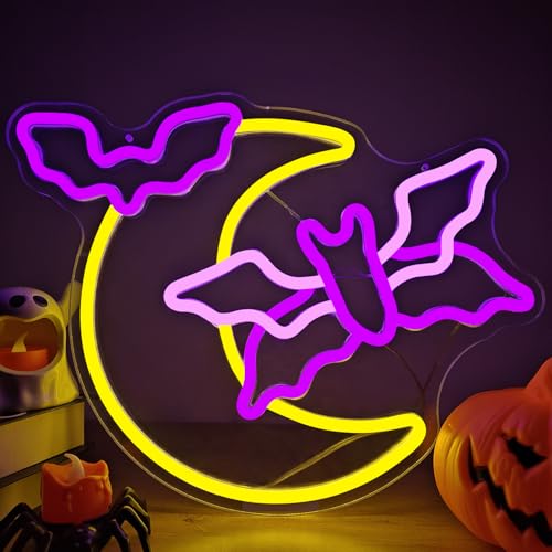 Image of Halloween Neon Sign Moon Flying Neon Bat Sign Led Halloween Decorations Halloween Flying Bat Lights Halloween Led Sign Gothic Neon Sign for Halloween Party Wall Decor Window