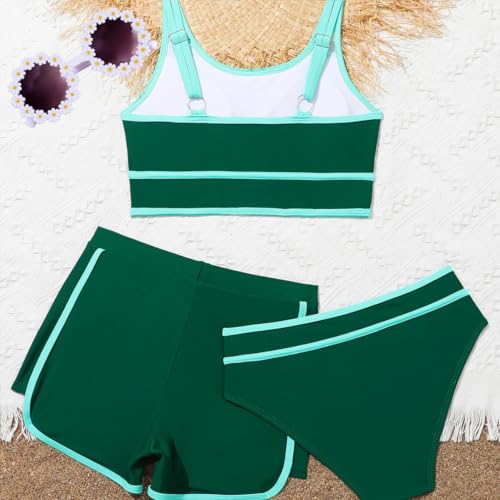 Image of Girls Swimsuits 3 Piece Bathing Suit Bikini Set with Sporty Shorts and Sunglasses Beach Swimwear for Girl 8-15 Years