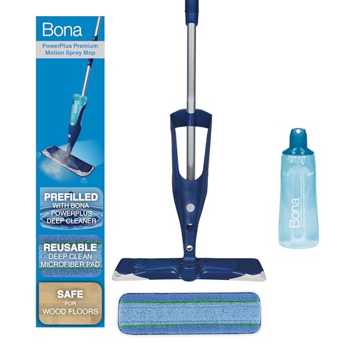 Bona PowerPlus Premium Motion Spray Mop for Hardwood Floors - Includes PowerPlus Hardwood Floor Cleaning Solution and PowerPlus Microfiber Cleaning Pad - Vibrating Spray Mop for Wood Floors