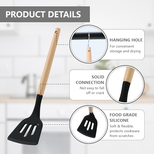 5Pcs Kitchen Utensil Set, Homikit Silicone Cooking Utensils with Wood Handle, Heat Proof Spatula Turner Spoon Set for Non-Stick Cookware, Healthy & Easy Clean, Black - Image 4