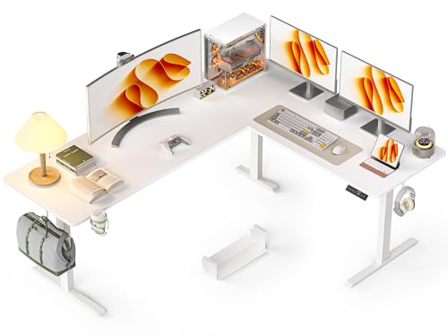Image of WALKINGDESK 75x61 Inches Reversible L Shaped Standing Desk Height Adjustable with Cup Holder, Electric Corner Computer Workstation for Home Office, Sit Stand up Gaming Desk with Cable Management White