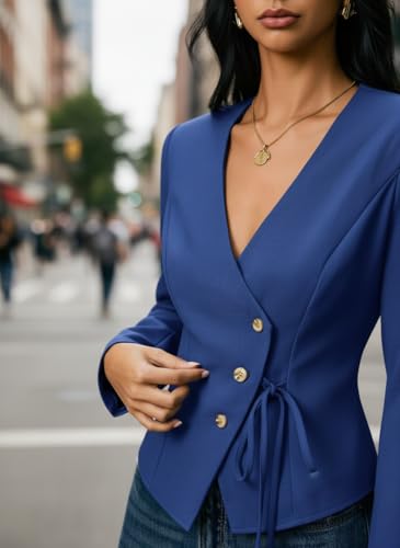 Image of Women's Cotton Tops | Casual Wrap V Neck Top | Long Sleeve Textured Side Tie Shirt | Elegant Slim Fit Crossover Tunic | Stylish Office Wear & Trendy Streetwear Apparel(38-K-1-4)