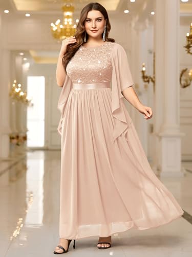 Image of Miusol Women's Plus Size Sequin Lace with Ruffle Cape Cloak Sleeves Elegant Evening Gown Wedding Guest Maxi Dress