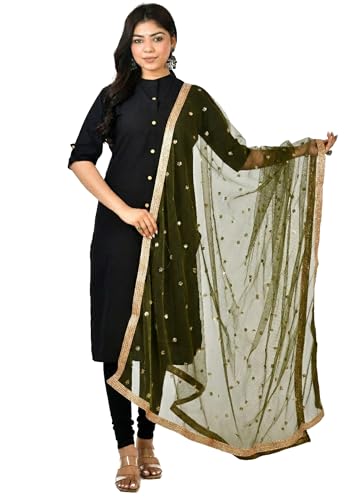 Image of YOUTHQUAKE Women's Net Embroidered Full Size Dupatta With 4 Side Golden Lace