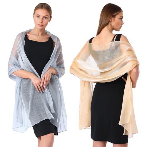 VGECEE 2 Pcs Chal Mujer Boda 200×68cm Chal de Fiesta Elegante Estola de Fiesta Boda para Mujer Capa Larga de Gasa Suave Elegante Bonito Festivo Chal Vestido Plata + Dorado para Invitada Boda Evento