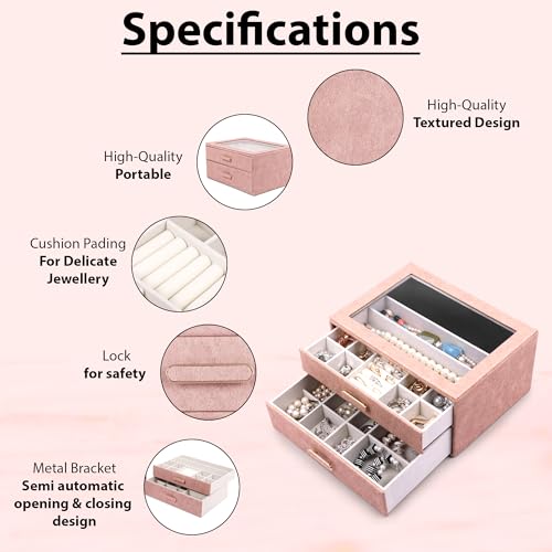 Image of BucketList Premium PU Leather Jewellery Organizer Box with Glass Lid | 2 Pull-Out Drawers Multi-Compartment Storage for Rings, Earrings, Necklaces & Bracelets (2-Layer Jewelry Box (Pink))