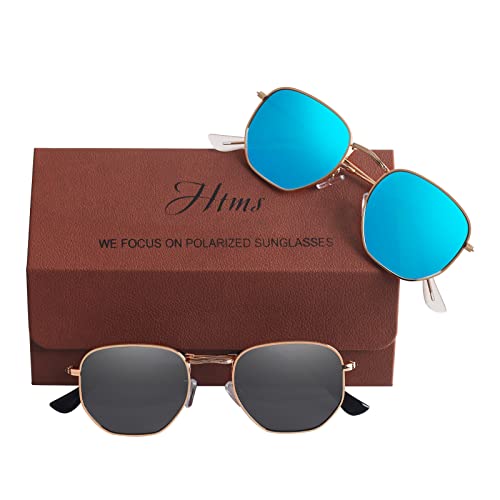 Image of Hipster Hexagonal Polarized Sunglasses Men Women Geometric Square Small Vintage Metal Frame Retro Shade Glasses