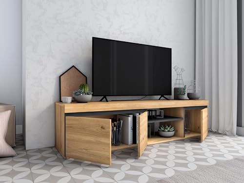 Skraut Home – TV-Schrank – Naturemodell – 160 x 40 x 41 cm – Beistellschrank 3 Türen und 1 zentralem Regal – Nordischer Stil – Melamin – Eiche und Schwarz