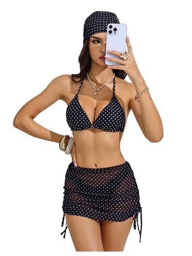 Image of Women's 4 Piece Polka Dots Bathing Suits Cover Up Skirt & Bandana | Halter Bikini Sets, Sexy Bathing Suit, Beach Skirt, Leopard, Paisley, Tropical, Summer
